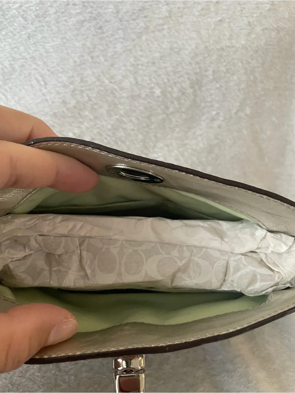 NWOT Coach Brown Signature Canvas Wristlet with Metallic Silver Trim
